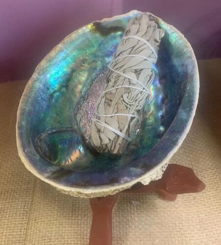 Abalone Shell & Wood Stand Sage Burner W/Sage